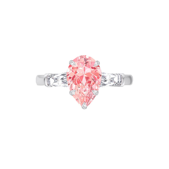 WG Pear Shape Pink Diamond Engagement Ring with Tapered Baguettes front view