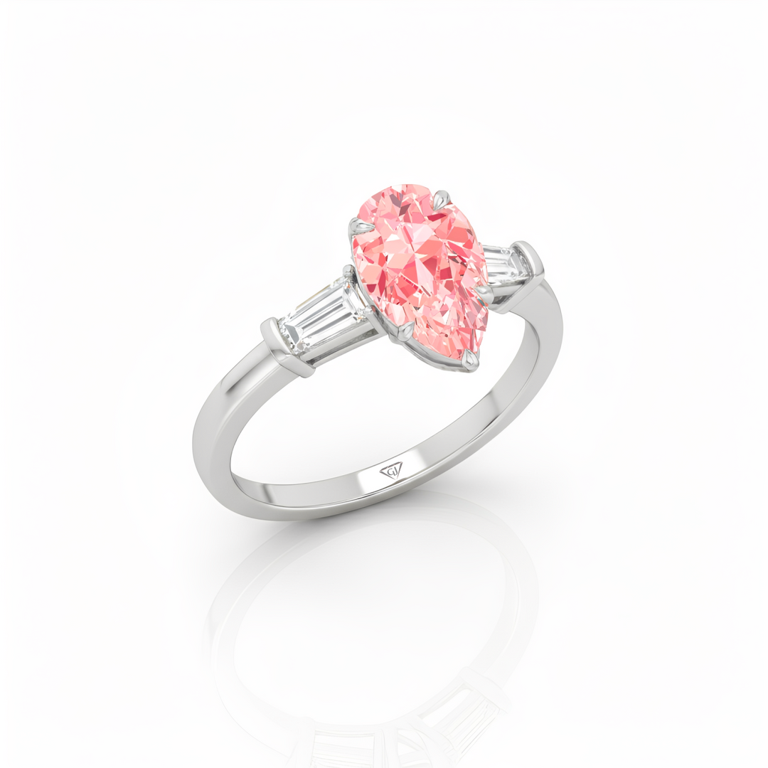 WG Pear Shape Pink Diamond Engagement Ring with Tapered Baguettes side view2