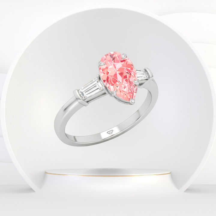 WG Pear Shape Pink Diamond Engagement Ring with Tapered Baguettes side view
