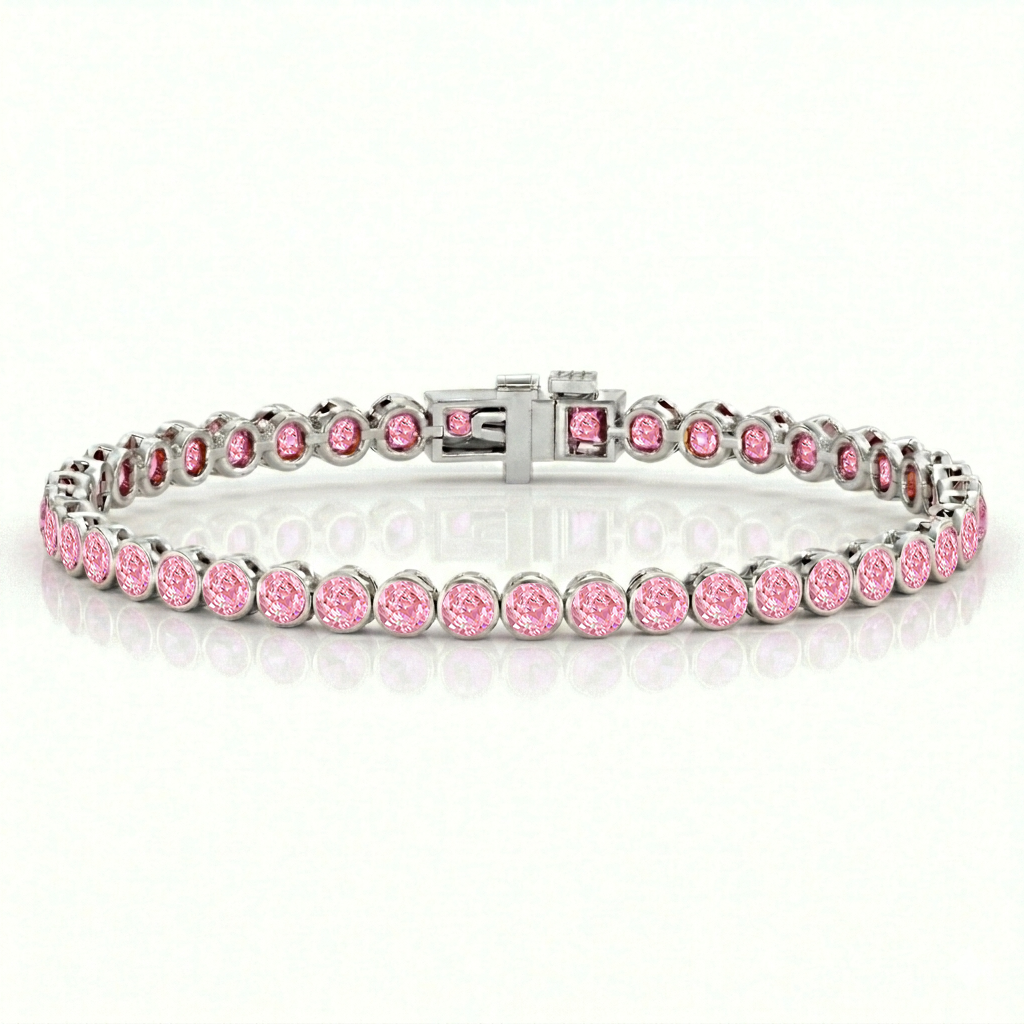 Bezel Set Natural Pink Sapphire Tennis Bracelet White Gold 18K
