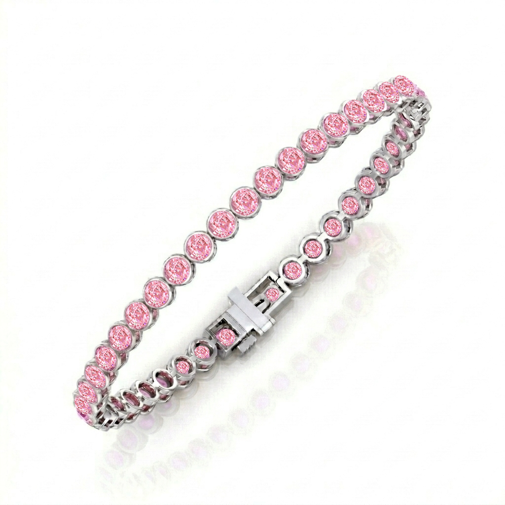Bezel Set Natural Pink Sapphire Tennis Bracelet White Gold 14K