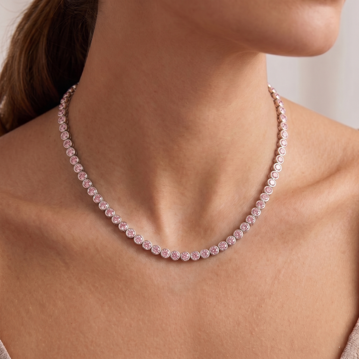 Bezel Set Natural Pink Sapphire Tennis Necklace lifestyle WG
