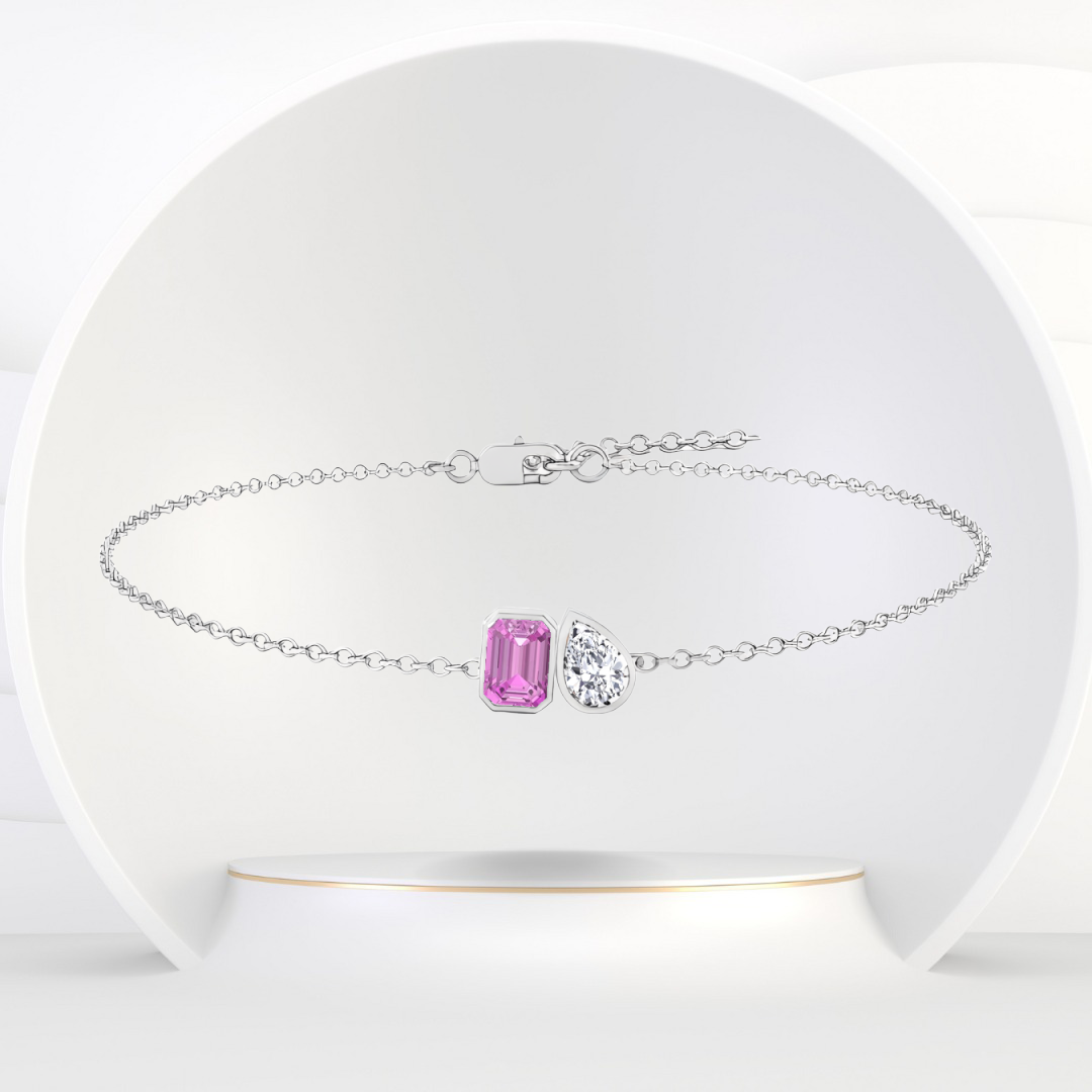 WG Pink Sapphire Emerald & Pear Shape Natural Diamond Bracelet front view