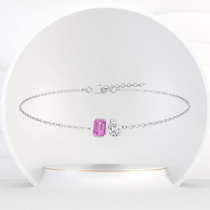WG Pink Sapphire Emerald & Pear Shape Natural Diamond Bracelet front view