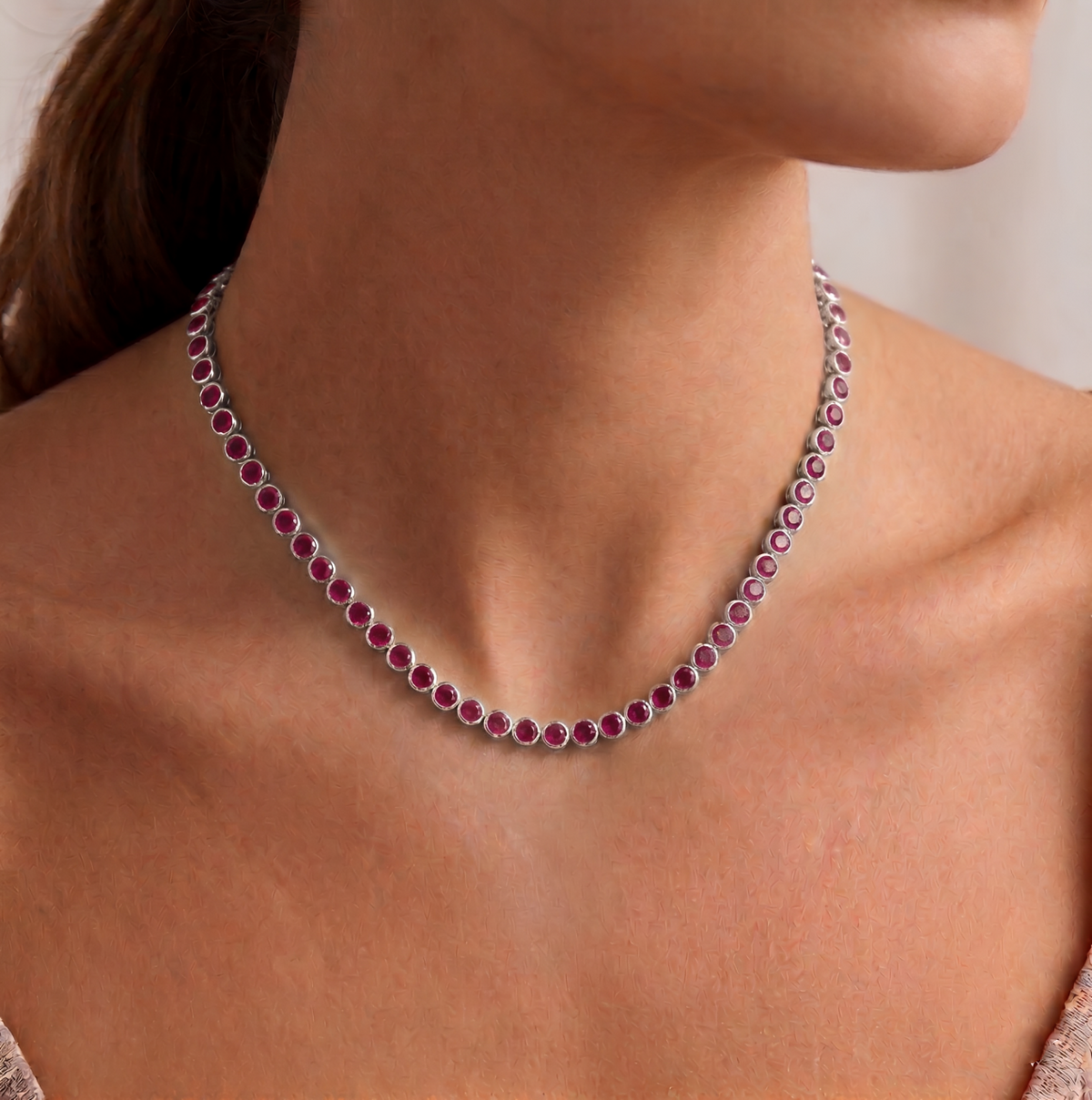 Bezel Set Natural Red Ruby Tennis Necklace lifestyle WG