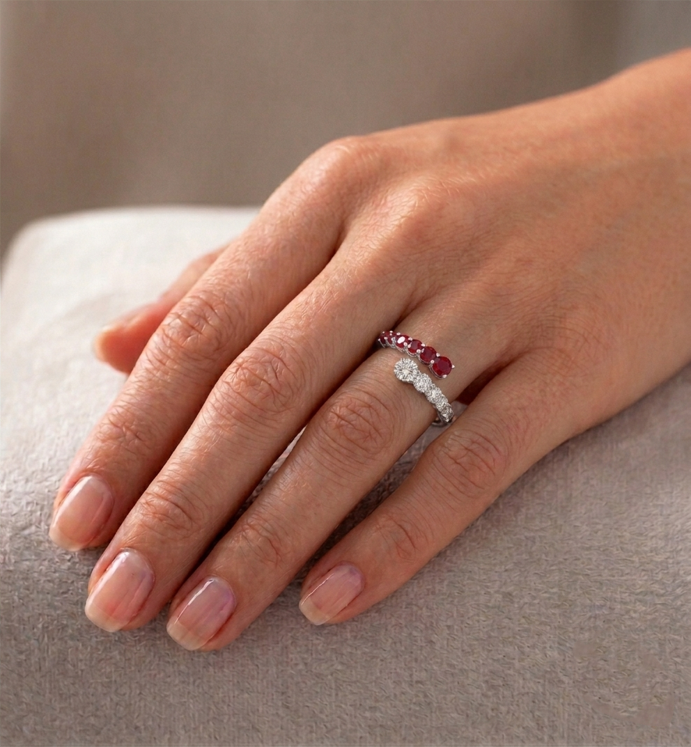 Round Cut Natural Red Ruby and Diamond Wrap Ring lifestyle WG