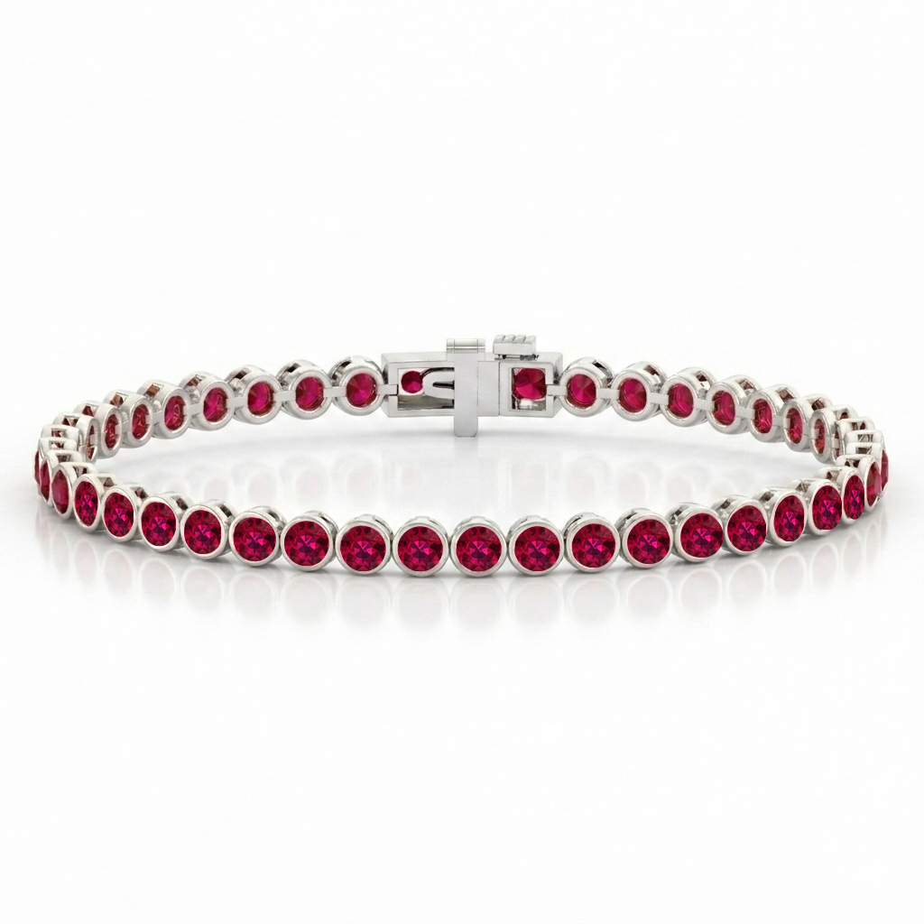 Bezel Set Natural Red Ruby Tennis Bracelet 14K Solid Gold