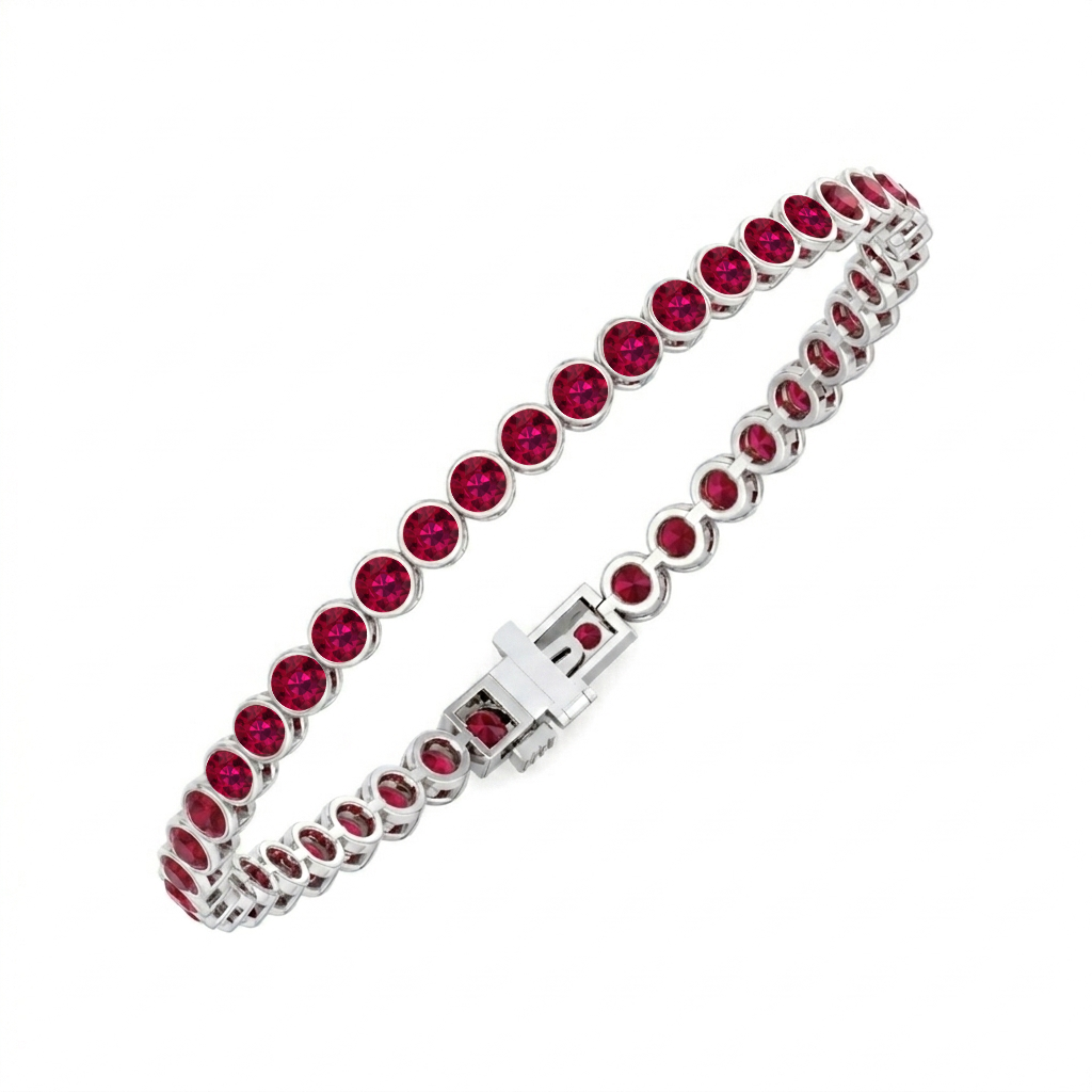 Bezel Set Natural Red Ruby Tennis Bracelet 14K Solid Gold