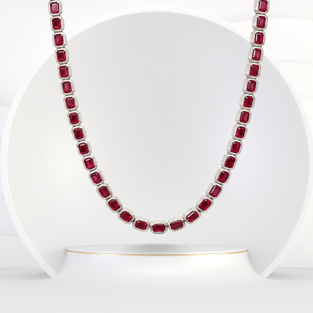 Bezel Set Emerald Shape Natural Red Ruby Tennis Necklace