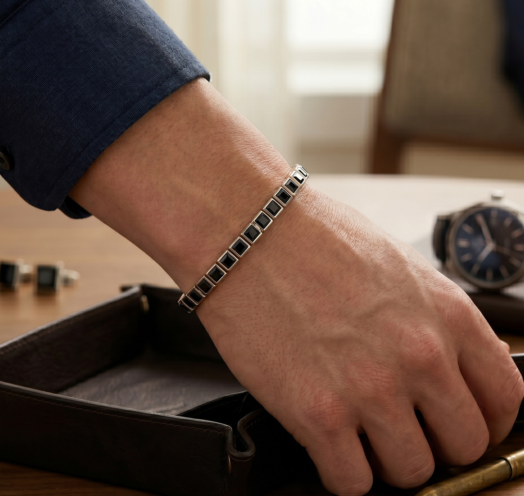 Bezel Set Princess Cut Natural Black Diamond Tennis Bracelet lifestyle WG