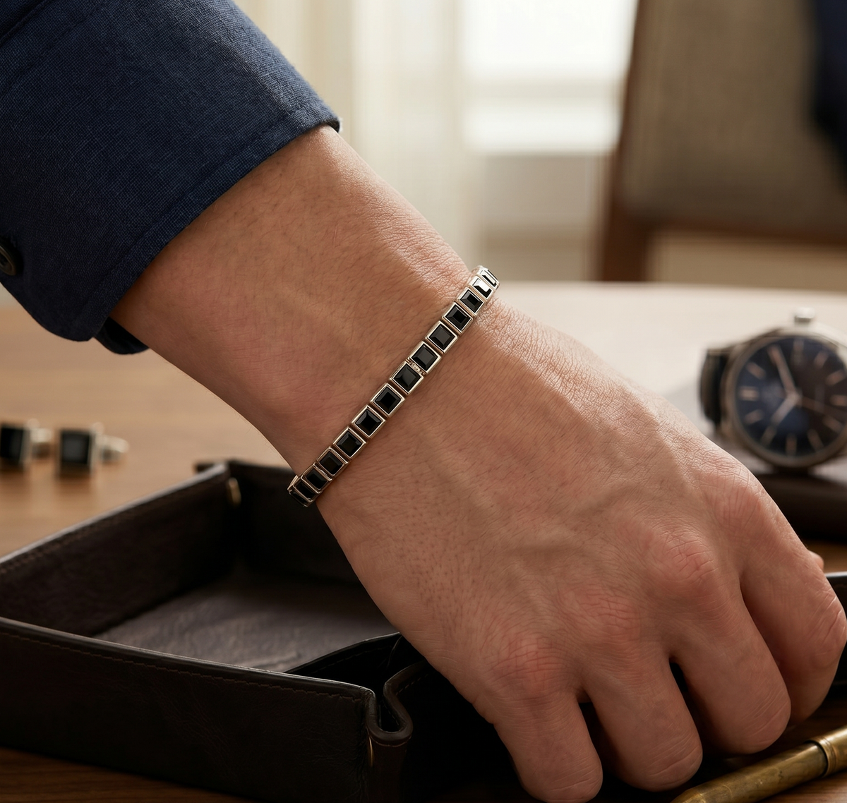 Bezel Set Princess Cut Natural Black Diamond Tennis Bracelet lifestyle WG