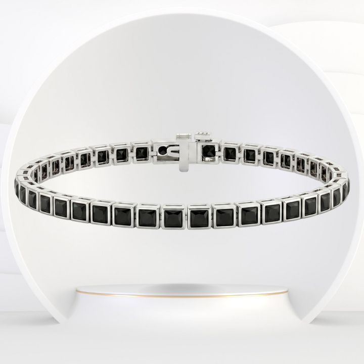 Bezel Set Princess Cut Natural Black Diamond Tennis Bracelet 