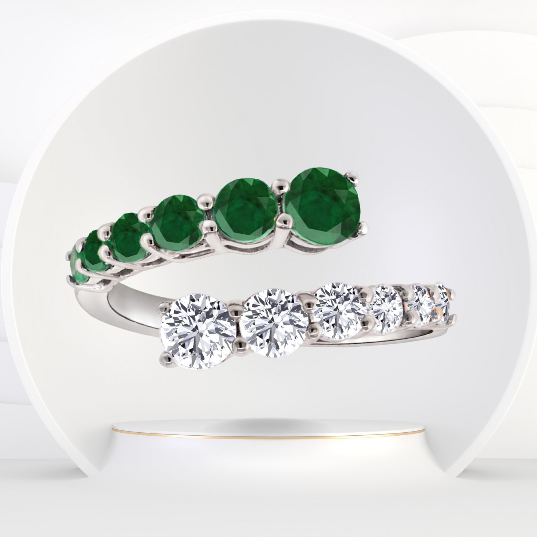 Round Cut Natural Green Emerald and Diamond Wrap Ring