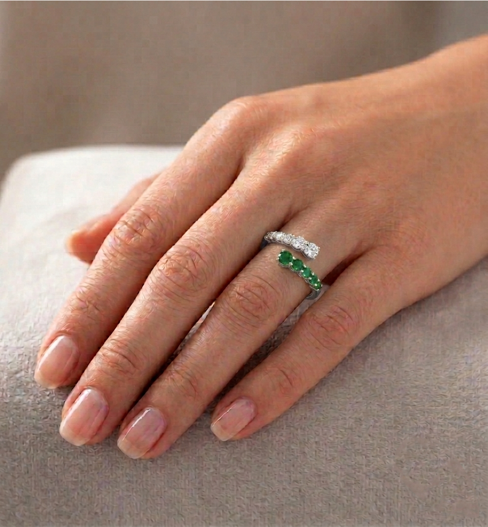 Round Cut Natural Green Emerald and Diamond Wrap Ring Lifestyle WG