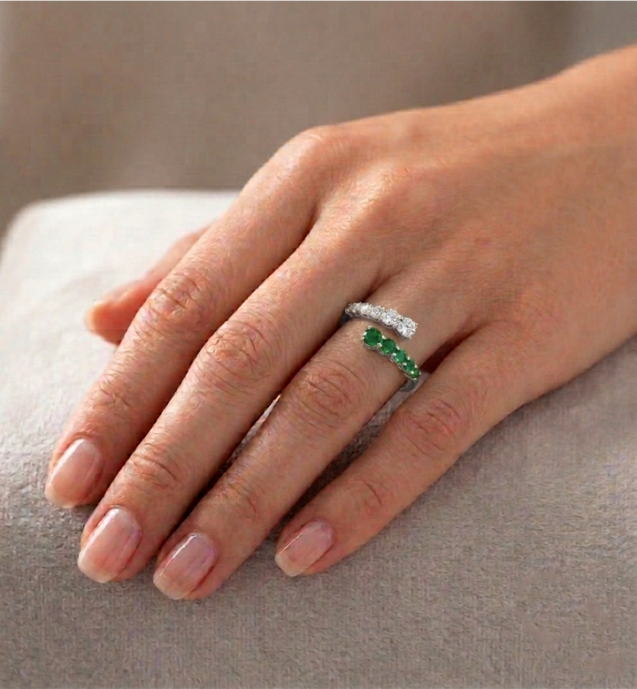 Round Cut Natural Green Emerald and Diamond Wrap Ring Lifestyle WG