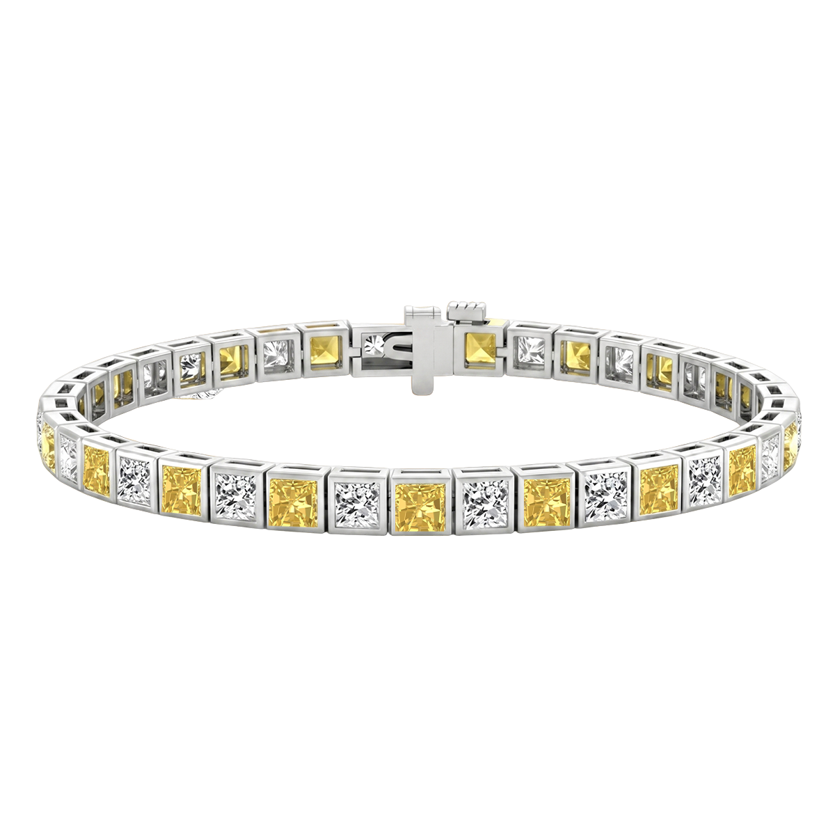 Bezel Set Princess Cut Natural Fancy Yellow & Natural Diamond Bracelet WG