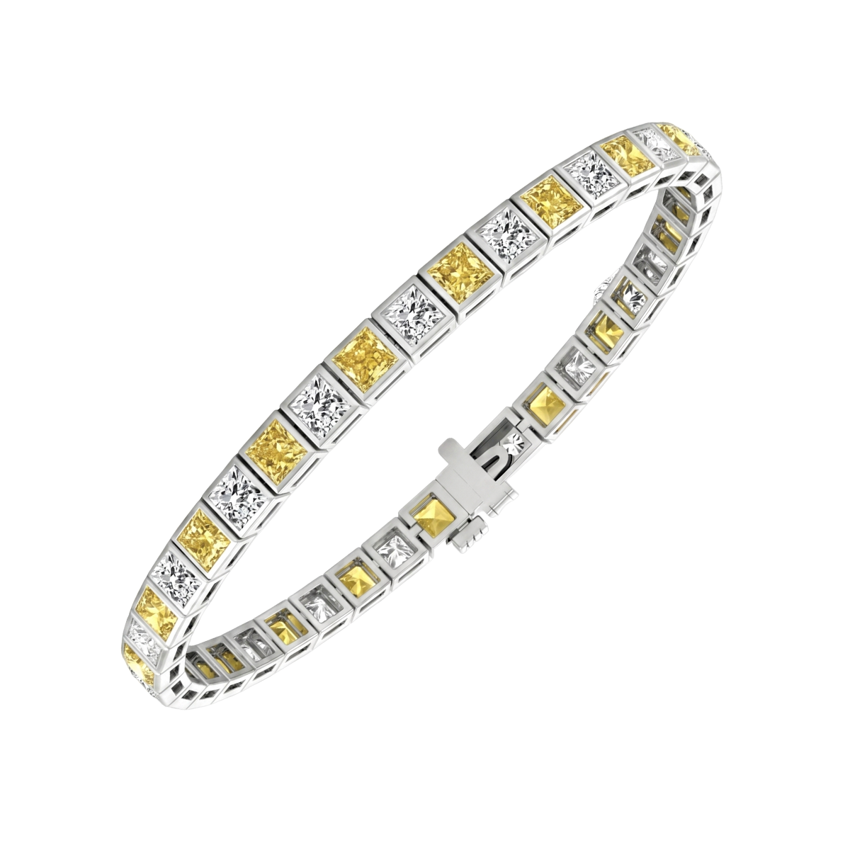 Bezel Set Princess Cut Natural Fancy Yellow & Natural Diamond Bracelet WG 2