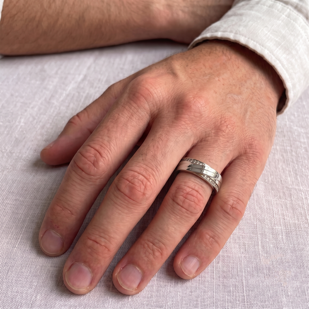 Men’s Diagonal Groove Wedding Ring with Pavé Diamond Edge lifestyle WG