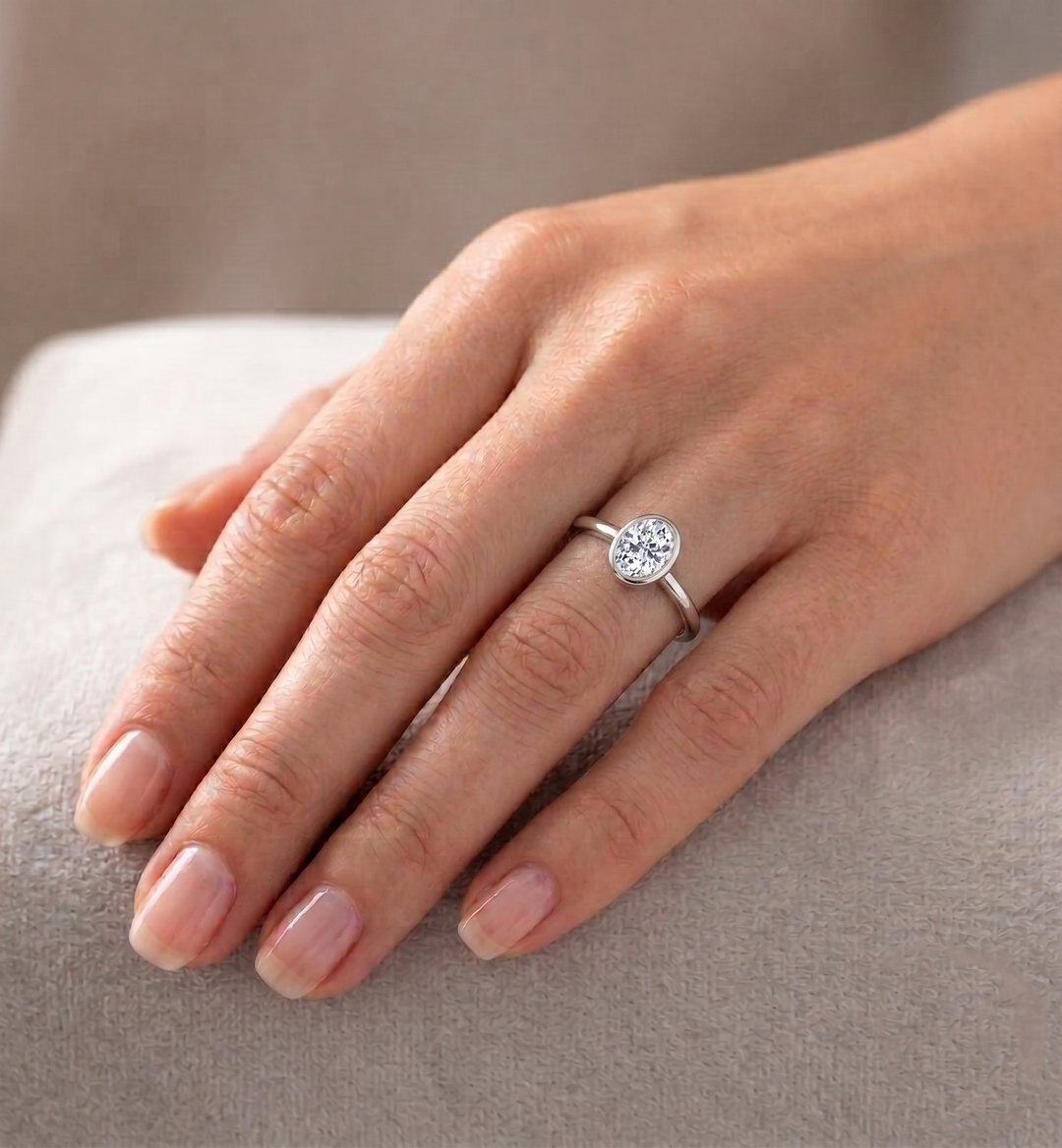 Bezel Set Oval Shape Natural Diamond Solitaire Engagement Ring
