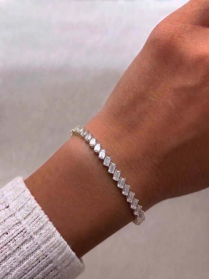 Emerald Shape Natural Diamond Diagonal Tennis Bracelet 14K Solid Gold