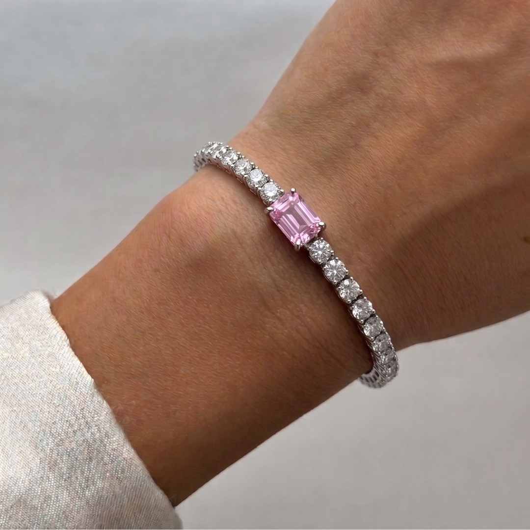 Emerald Cut Single Stone Natural Pink Sapphire & Diamond Tennis Bracelet