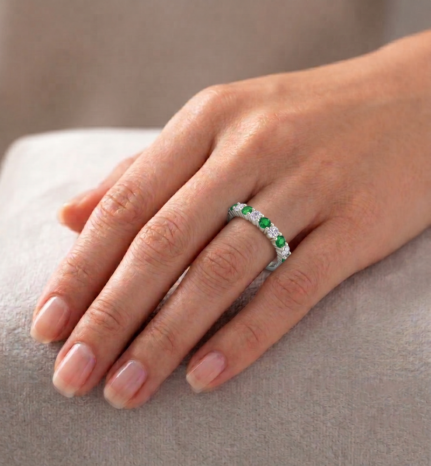 0.70CT Round Alternating Natural Green Emerald and Diamonds Halfway Eternity Band