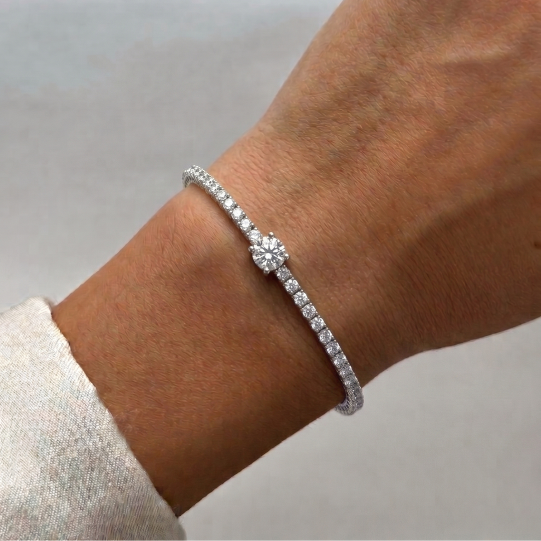 7CT T.W Natural Diamond Tennis Bracelet With Round Center Stone 18K Solid Gold