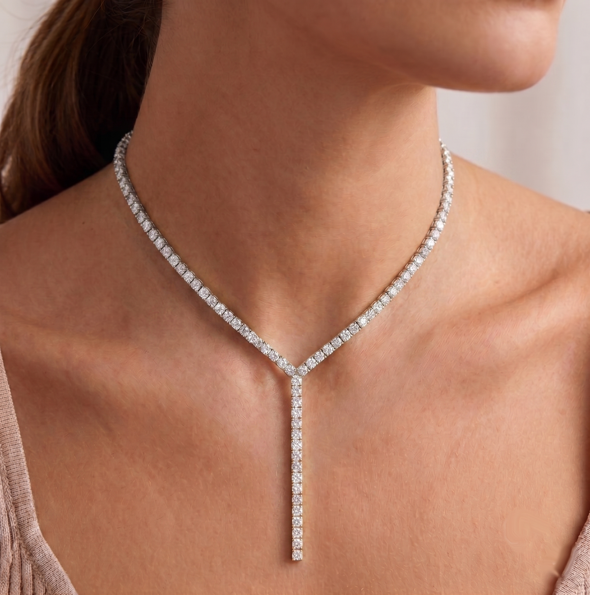 4 Prong Natural Diamond Y Drop Tennis Necklace Lifestyle image WG 