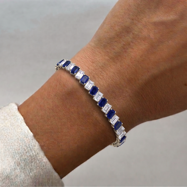 Alternating Emerald Shape Natural Blue Sapphire & Natural Diamond Diagonal Tennis Bracelet 14K Solid Gold