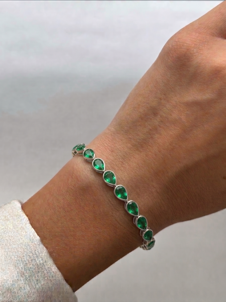East West Pear Shape Natural Green Emerald Tennis Bracelet 18K Solid Gold