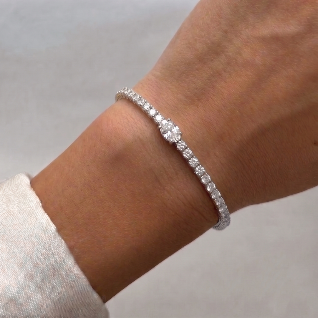 7CT T.W Oval Cut Center Stone Natural Diamond Tennis Bracelet 18K Solid Gold