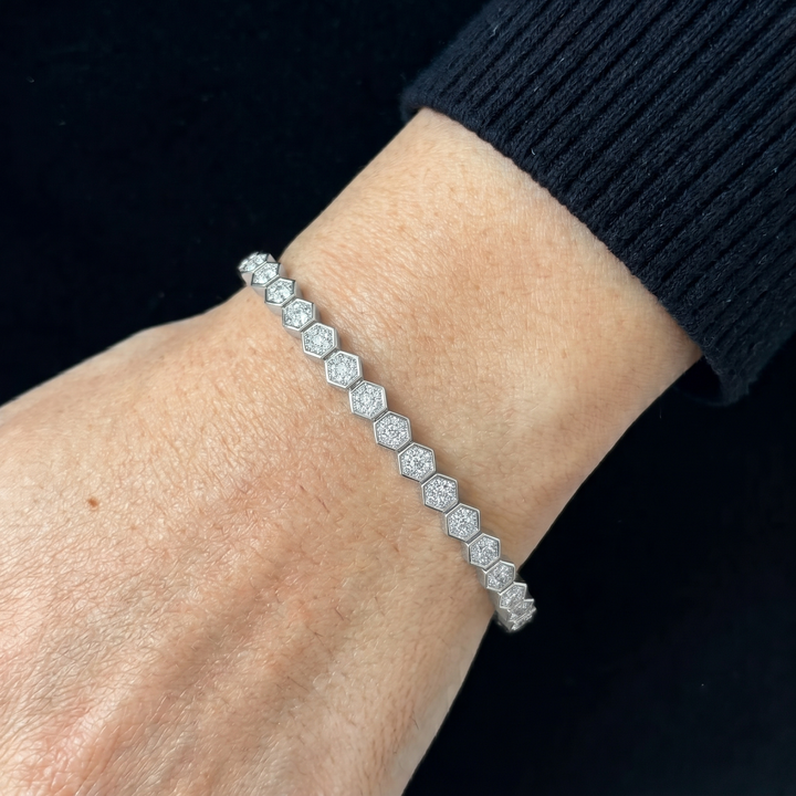 Hexagonal Bezel Set Natural Diamond Flexible Bangle in 14K Solid Gold