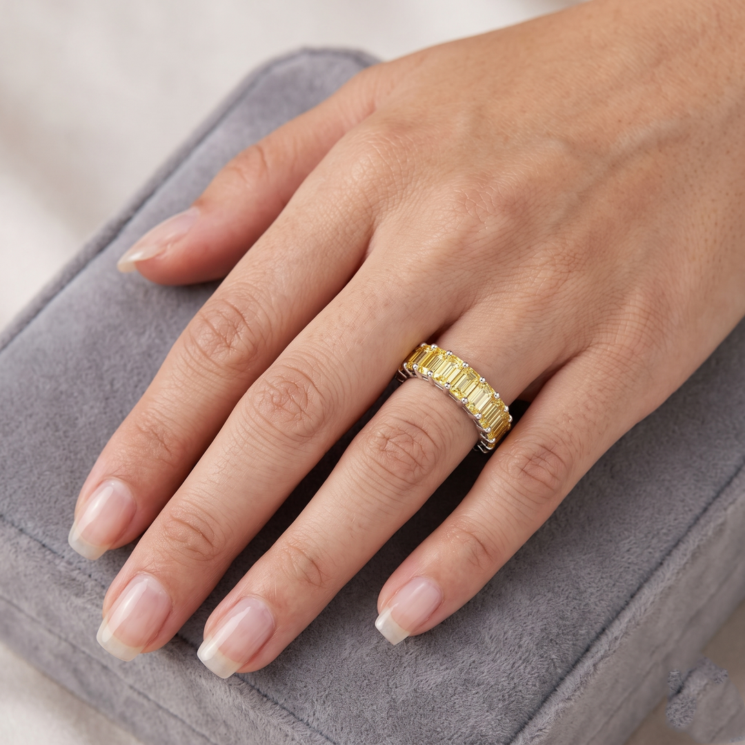 5CT Emerald Shape Natural Fancy Yellow Diamond Eternity Band