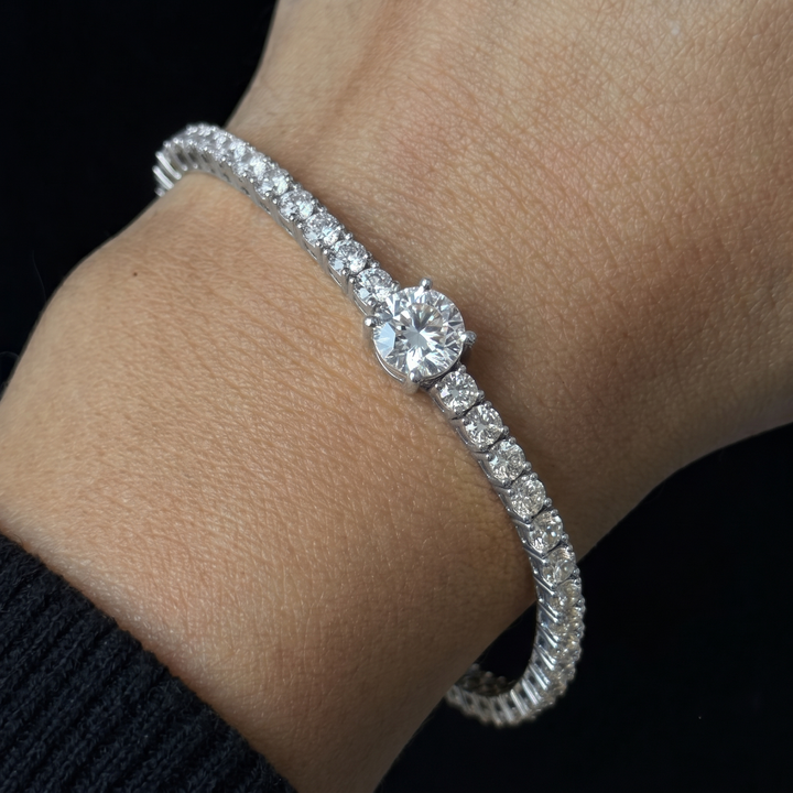 7CT T.W Natural Diamond Tennis Bracelet With Round Center Stone 14K Solid Gold