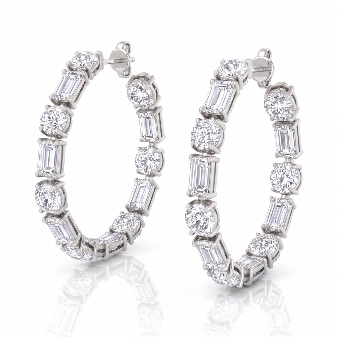Alternating Emerald Cut and Round Natural Diamond Hoop Earrings WG 
