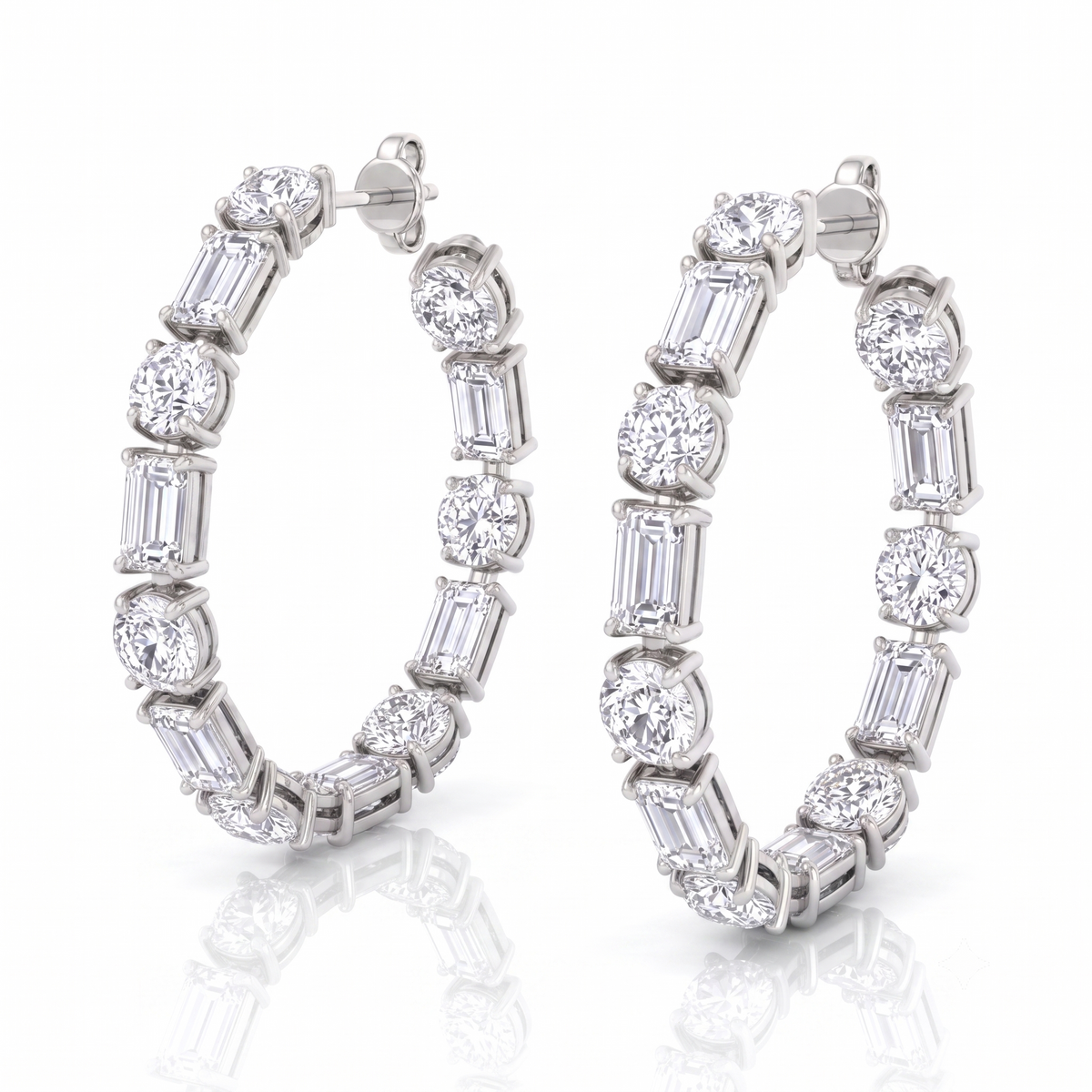 Alternating Emerald Cut and Round Natural Diamond Hoop Earrings WG 