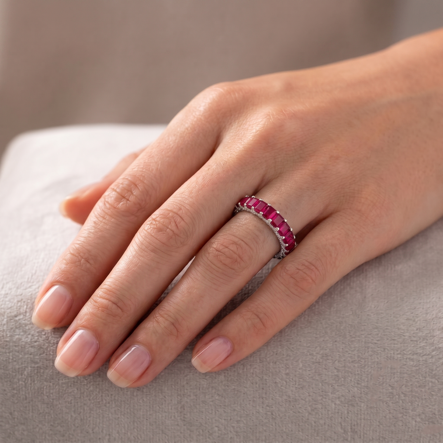 Emerald Cut Natural Red Ruby Eternity Band with Invisible Halo