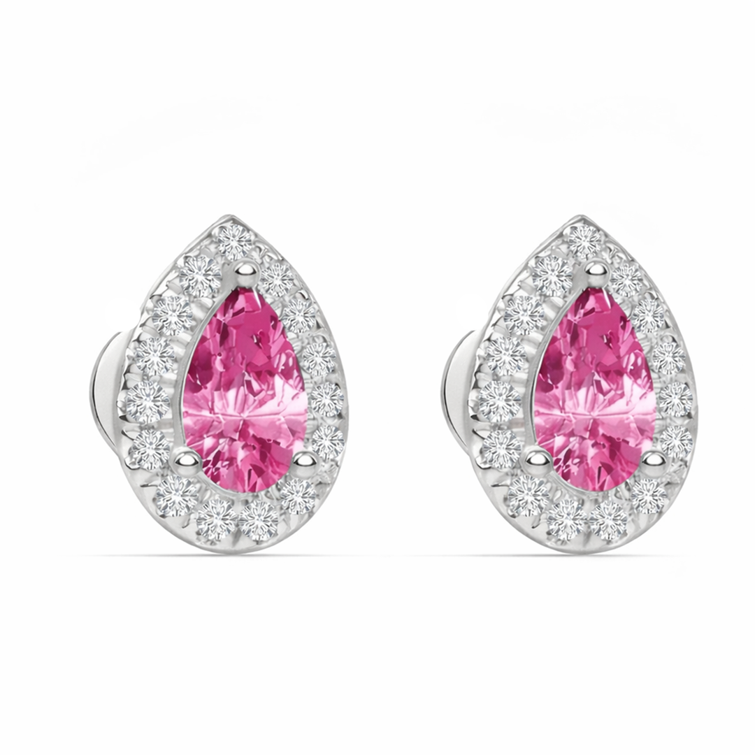WG Pear Shape Natural Pink Sapphire & Diamond Halo Studs2