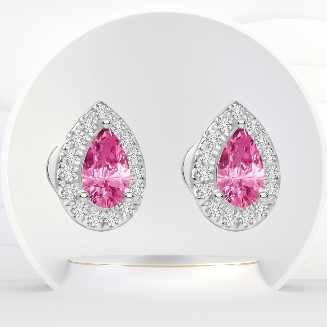 WG Pear Shape Natural Pink Sapphire & Diamond Halo Studs
