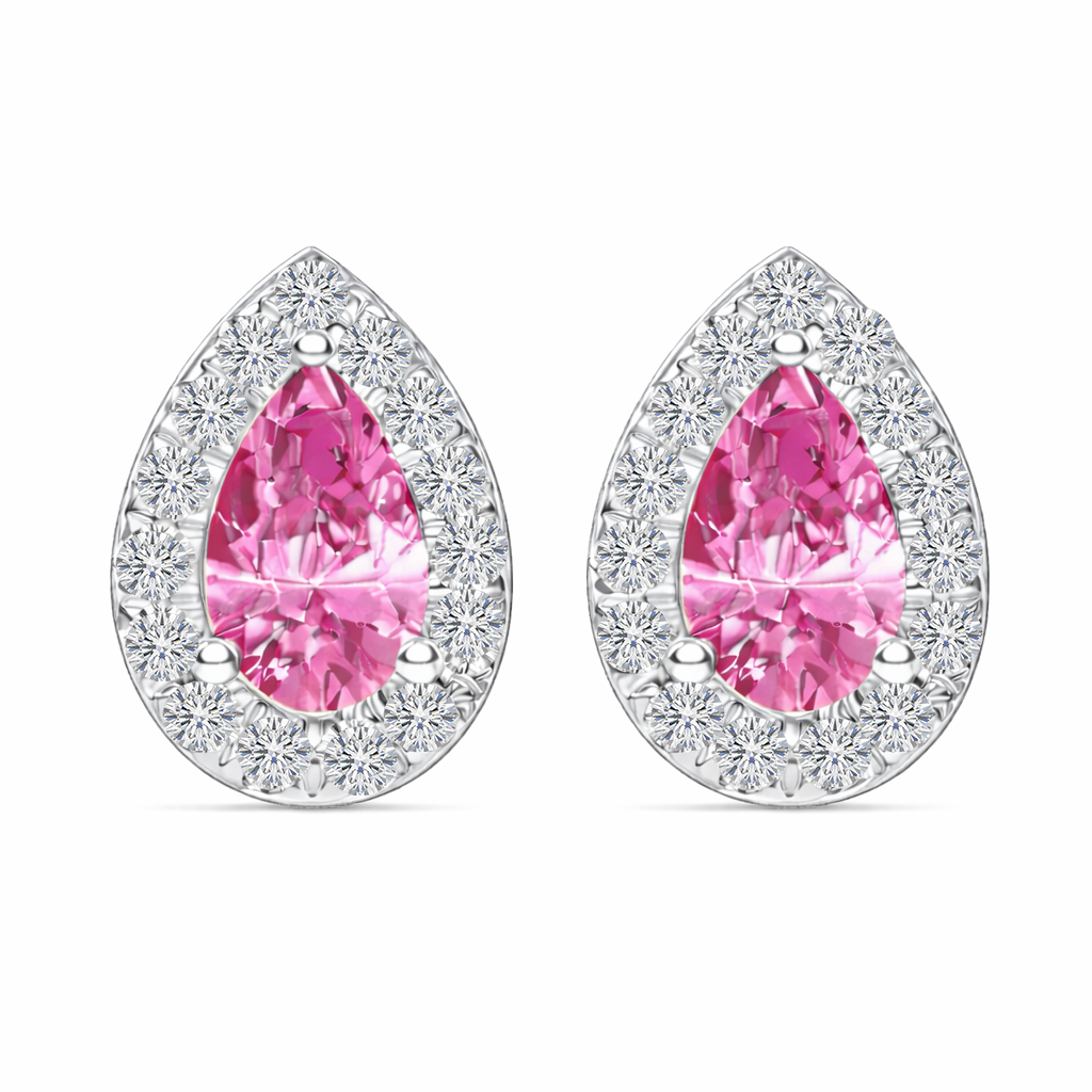WG Pear Shape Natural Pink Sapphire & Diamond Halo Studs front view