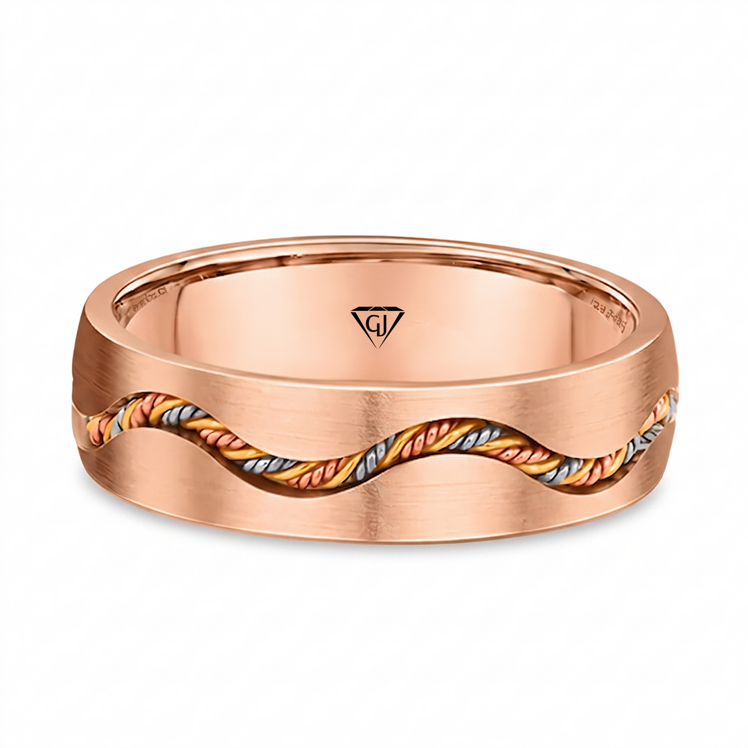 Braided Rope Tri-Color Inset Men's Solid Gold Band