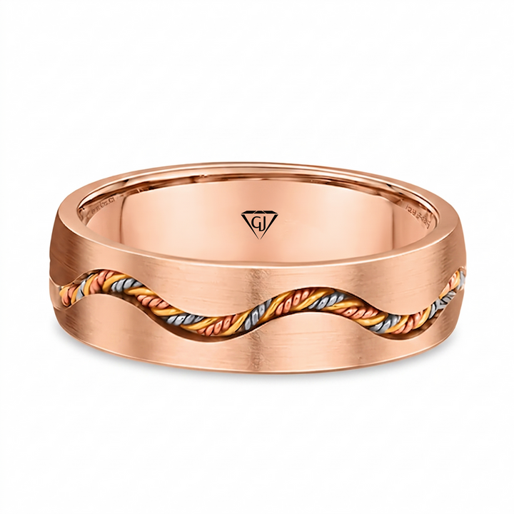 Braided Rope Tri-Color Inset Men's Solid Gold Band