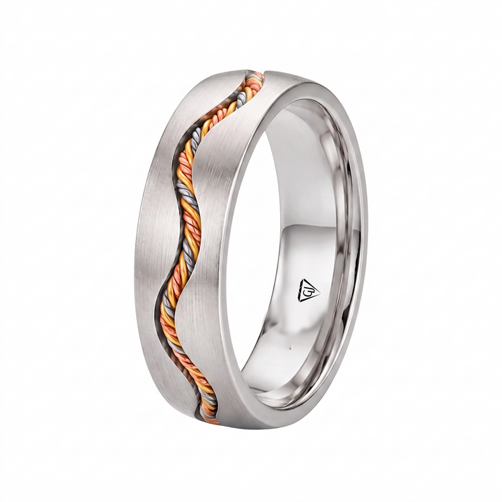 Braided Rope Tri-Color Inset Men's Solid Gold Band