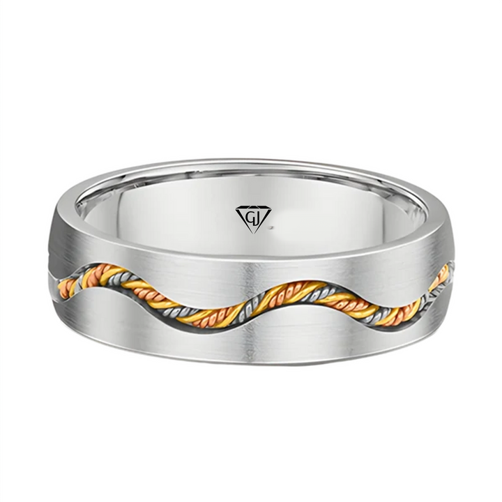 Braided Rope Tri-Color Inset Men's Solid Gold Band