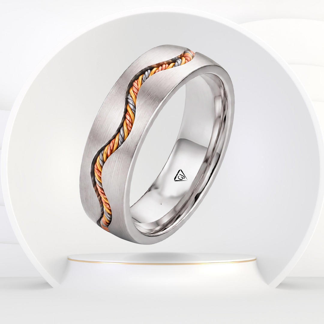 Braided Rope Tri-Color Inset Men's Solid Gold Band
