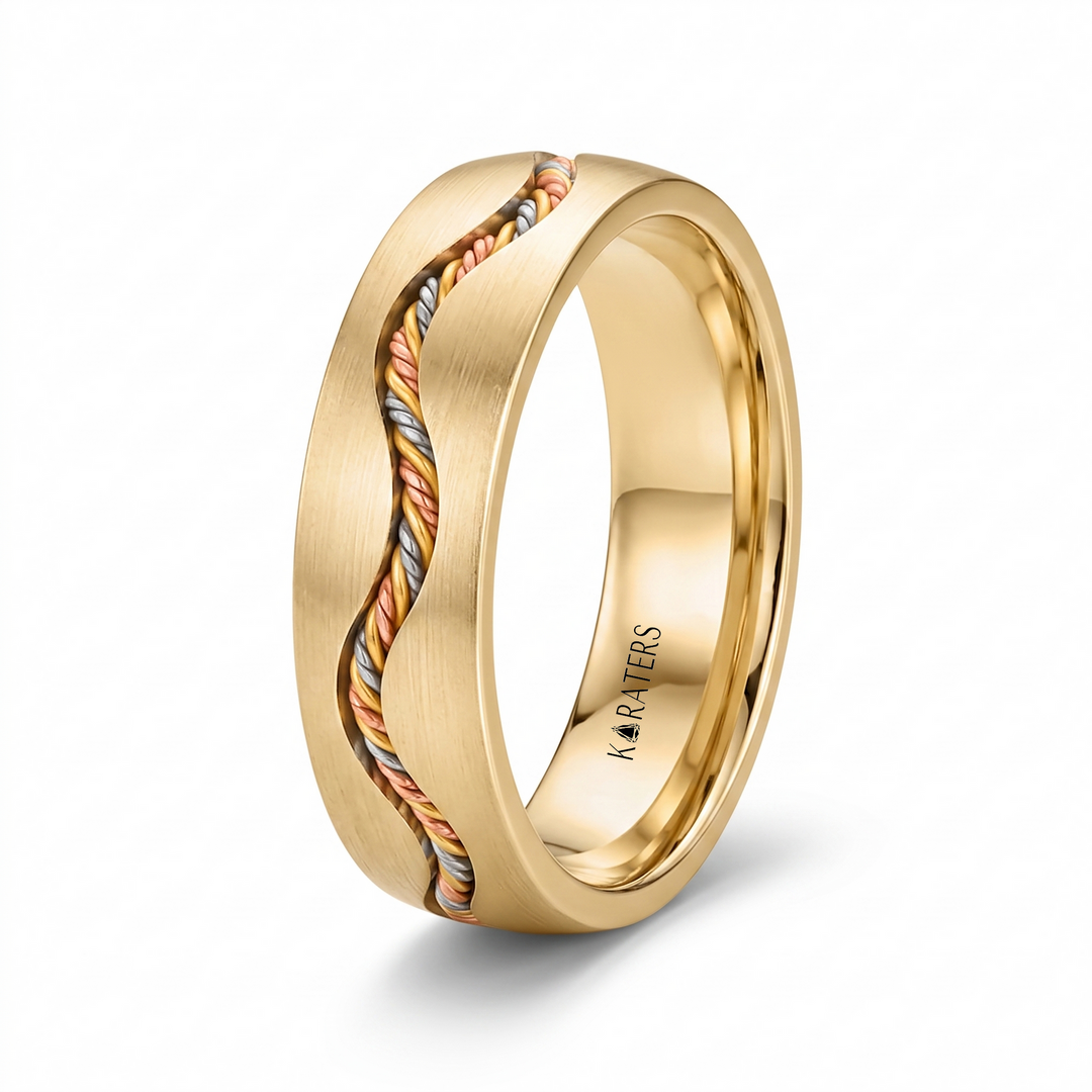 Braided Rope Tri-Color Inset Men's Solid Gold Band