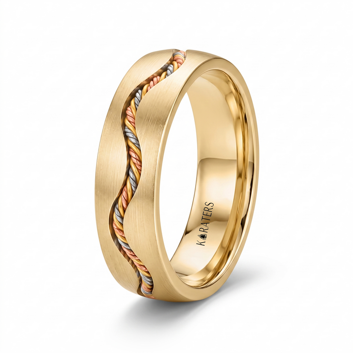 Braided Rope Tri-Color Inset Men's Solid Gold Band