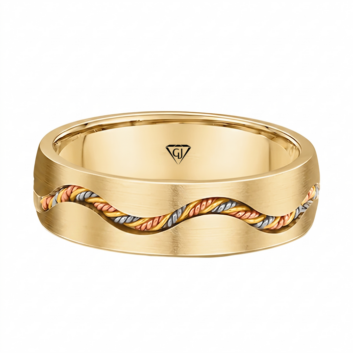 Braided Rope Tri-Color Inset Men's Solid Gold Band