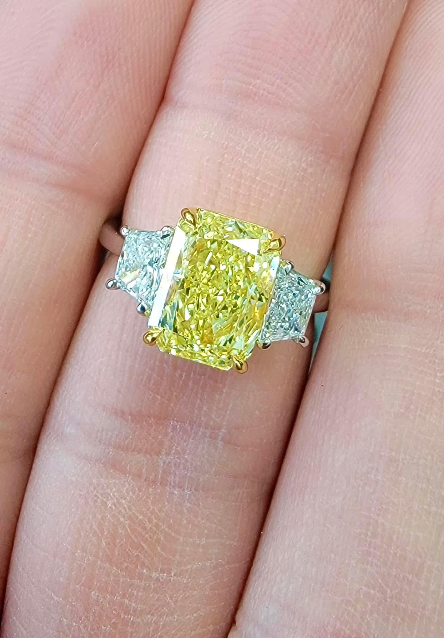 GIA Certified 3CT Fancy Yellow Elongated Radiant Cut Diamond Three Stone Engagement Ring in Platinum 18K Yellow Gold