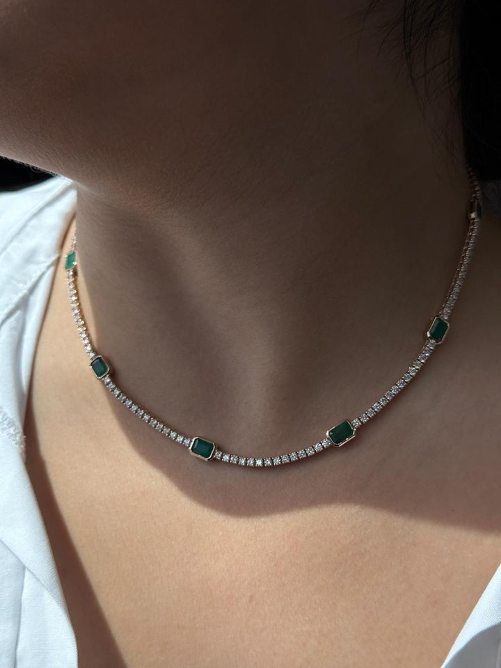 11CT T.W Natural Diamond & Green Emerald Station Tennis Necklace